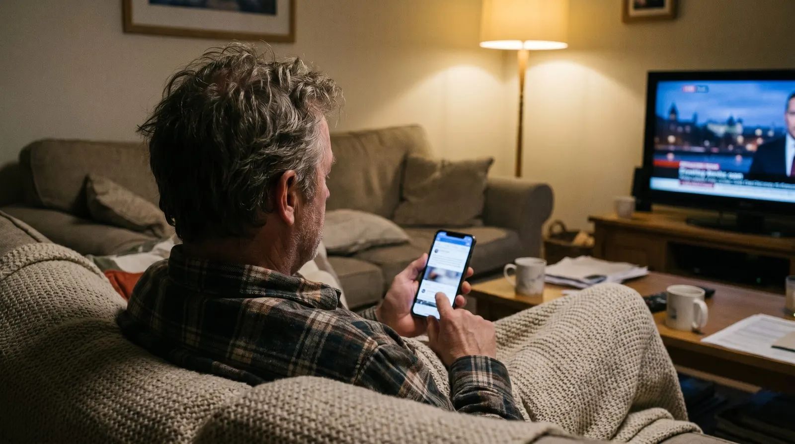 Ein Kunde informiert sich abends auf dem Sofa am Smartphone