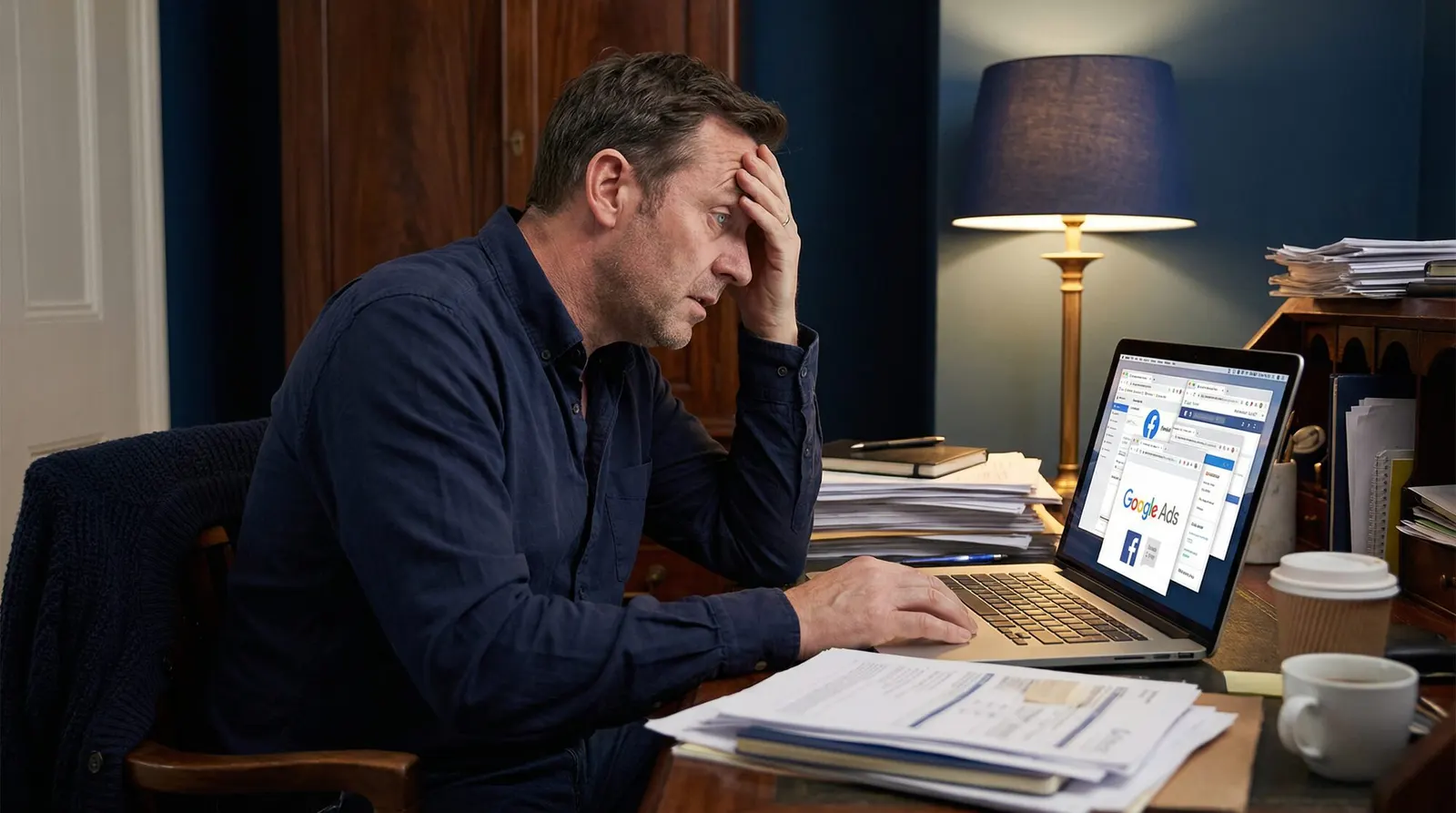 Ein Unternehmer sitzt abends erschöpft vor Unterlagen und Laptop
